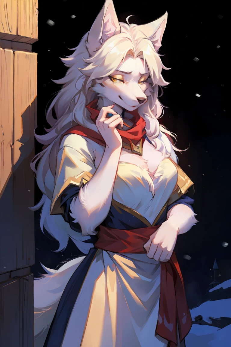 Top quality, best quality, High-quality illustrations, masterpiece, Ultra-high resolution, 详细background, (Wolf_girl:1.2),Beautiful figure,Height 193 cm,close_up,(Fluffy anthropomorphic furry :1.6),curls,fur,Neck hair,Extremely fine fur,aldult, 33 years old, Mature, Solitary,Solitary,Snow-white wolf girl, High target, Mature, 咯咯lol, lol, Squinting, Head tilt, 腼腆的微lol, Shy, 无background, Dress up《Assassin's Creed》The Assassin, White+gold, XL Bust, Use wrist blade,background: Renaissance City. Unreal Engine 5, Japanese cartoons, Japanese cartoons style, masterpiece, Well drawn eyes