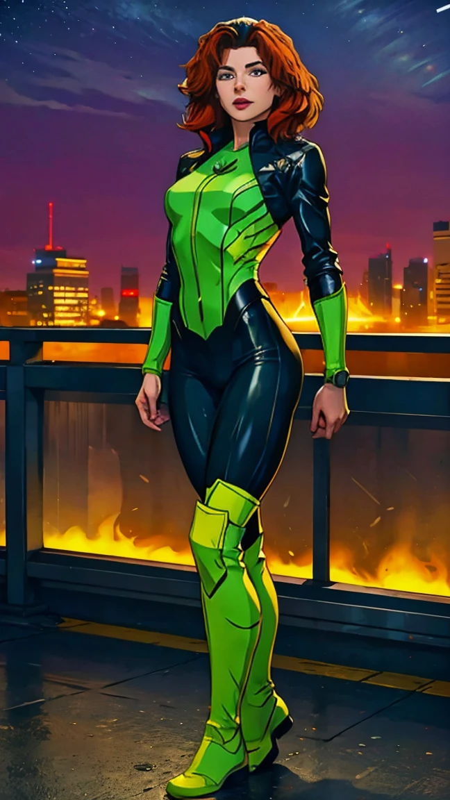 ((Full body photo, standing, feet on the ground)) (best quality, 4k, 8k, high resolution, cyclist body, masterpiece: 1,2), ultra-detailed, (realistic, photorealistic, photorealistic: 1, 37), full body photo, Rogue, X-Men, yellow high boots, beauty pose, standing, show feet, outside, city roof at night,
