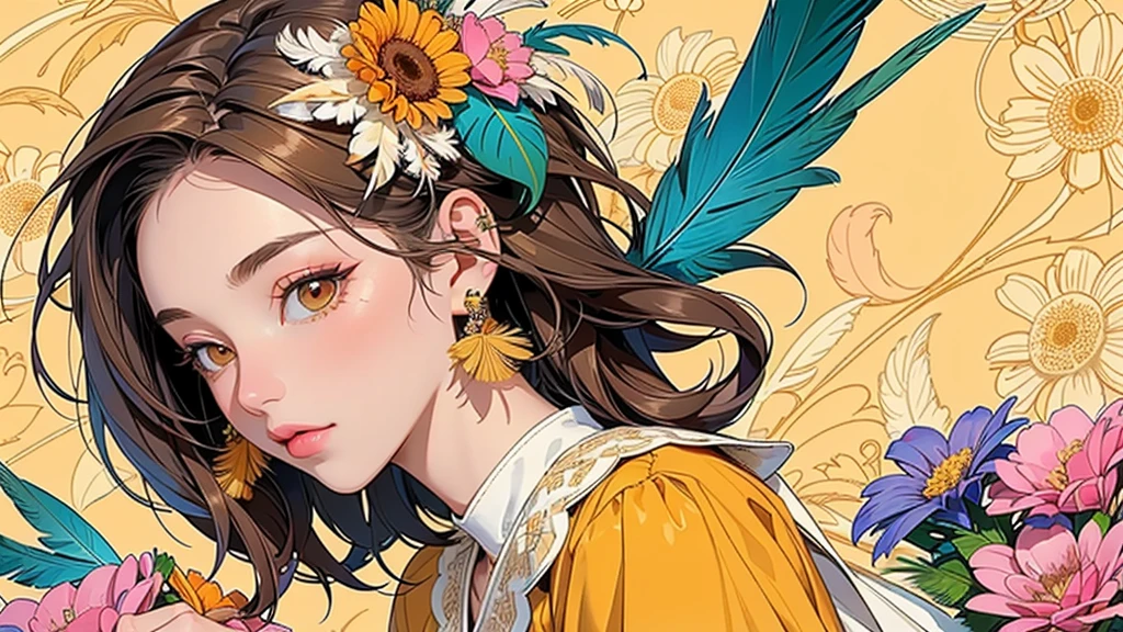 (ultra-Detailed Background, Detailed Background), Absurd, High resolution, Super detailed, Very detailedな, One girl, (bouquet:1.3), (Tangled:1.2), (Geometric:1.2),(colorful),(masterpiece, quality, best quality, Official Art, Beautiful and beautiful:1.2), (1 girl:1.3), Very detailed,(colorful:1.1)(Flowers:1.3),Most detailed,(Tangled:1.2), whole body, (Abstract background:1.3), (Skin glows), (Many colors:1.4), ,(Earrings Feather:1.5), Pale orange and pale yellow background, Brown short hair,