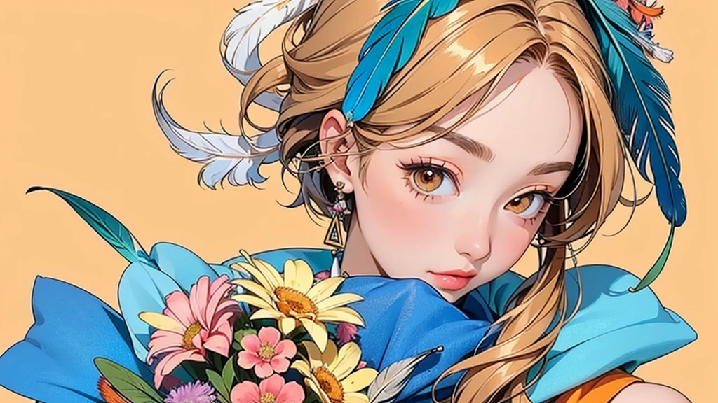 (ultra-Detailed Background, Detailed Background), Absurd, High resolution, Super detailed, Very detailedな, One girl, (bouquet:1.3), (Tangled:1.2), (Geometric:1.2),(colorful),(masterpiece, quality, best quality, Official Art, Beautiful and beautiful:1.2), (1 girl:1.3), Very detailed,(colorful:1.1)(Flowers:1.3),Most detailed,(Tangled:1.2), whole body, (Abstract background:1.3), (Skin glows), (Many colors:1.4), ,(Earrings Feather:1.5), Pale orange and pale yellow background, Brown short hair,
