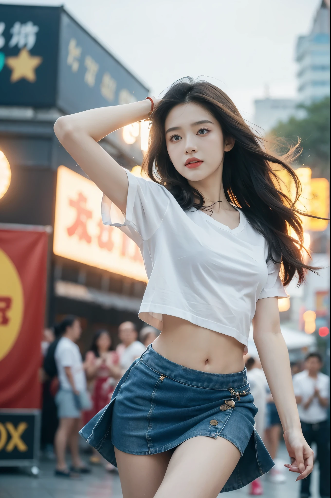 (((best quality))), (((ultra detailed))), (((masterpiece))), illustration,((a beautiful girl,solo)),((slim,thin)),((small breasts,flat chest,claviclis,navel)),(blue short sleeves:1.2),(white T-shirt:1.3),(blue mini-skirt:1.3),(slender legs:1.2),dancing,((on a stage,outside a shopping mall, at the entrance of a beer promotional event,on the street)), ((surrounded by crowded crowds)),((her hair and the edges of her skirt fluttering in the air)), the girl's attire reflecting the vibrant spirit of summer, a sense of youthful charm and confidence exuding from her, her hair flows freely in the wind, the fluttering skirt accentuating her graceful movements, her expressive eyes and infectious smile drawing people closer, the stage adorned with colorful decorations, the vibrant atmosphere enhanced by the enthusiasm of the crowd, onlookers of various ages captivated by her performance, clapping, cheering, and taking photos, the girl's graceful dance transforming the ordinary streets into a vibrant and lively venue, her energy and charisma captivating the audience, the scene encapsulating the spirit of summer and the beauty of artistic expression,(night scene:1.3),(from front:1.3)