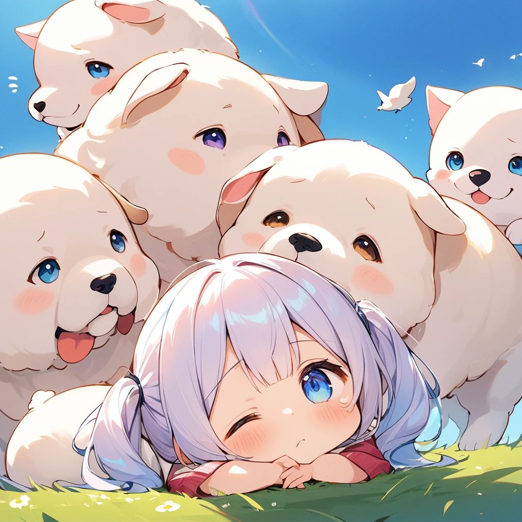 Highest quality、High resolution、Detailed Background、Beautiful face in every detail、Anatomically correct、Detailed facial expressions、fine grain、((full body, from below, side view, looking away:1.2)), ((One Girl))、Chibi Girl、Cute hair color、Big beautiful blue eyes、Braided twin tails、 (Tank top、Vneck、mini skirt、Cute Shoes)、I'm a little scared、I have a lot of tears in my eyes、An expression that looks like it's about to cry、grassland、((Lying face down、Rest your chin on your hands and bend your knees))、((A giant white puppy))、(少女と犬が並んでgrasslandに寝そべっている)、
