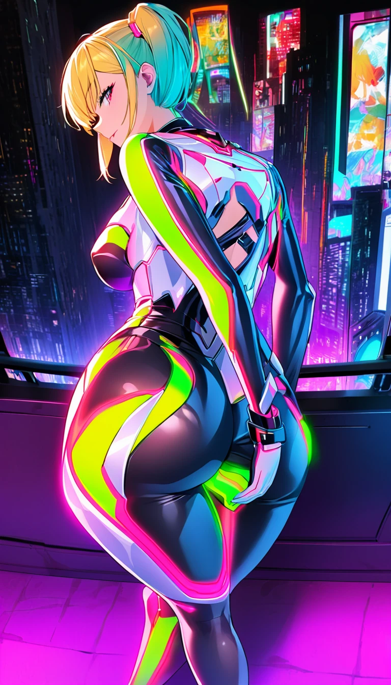 Create a side view, full-body illustration of a seductive blonde anime girl leaning against a wall with her back straight in a provocative pose. She should be wearing tight, futuristic clothes that emphasize her curves, with high-tech fabrics and accessories. Use vibrant neon colors for her outfit and the background to create a lively and energetic atmosphere. The background should feature a cyberpunk cityscape with neon lights. Ensure the image is in a resolution suitable for an iPhone 11 wallpaper capturing the futuristic and seductive theme effectively