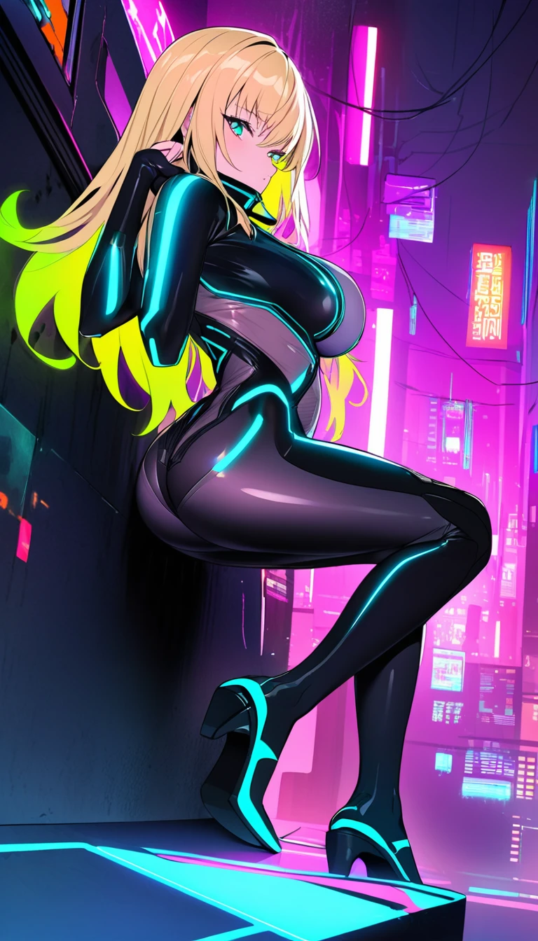 Create a side view, full-body illustration of a seductive blonde anime girl leaning against a wall with her back straight in a provocative pose. She should be wearing tight, futuristic clothes that emphasize her curves, with high-tech fabrics and accessories. Use vibrant neon colors for her outfit and the background to create a lively and energetic atmosphere. The background should feature a cyberpunk cityscape with neon lights. Ensure the image is in a resolution suitable for an iPhone 11 wallpaper capturing the futuristic and seductive theme effectively