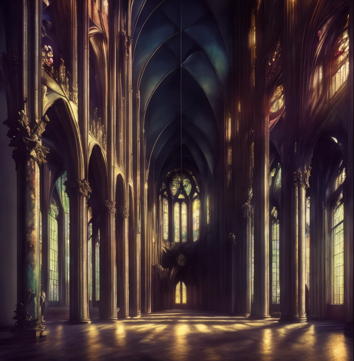 (masterpiece:1.2), (best quality,:1.2), 8K, HDR, Extremely detailed, ((Reality)), 专业light, light, fashion photography, Ambient Lighting, Atmospheric impact, Overall details, Interior of the Gothic cathedral, dark!, Light through a stained glass window, Columns and the Great Altar, epiC Photos