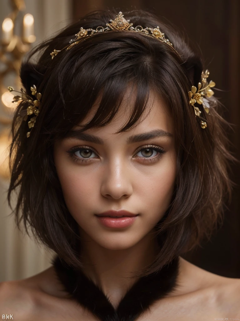(masterpiece:1.3), (8k, realist, RAW Photos, of the highest quality: 1.4), (A girl), beautiful face, (realist Face), (black-brown fur, short hair:1.3), Crown of flowers, beautiful hairstyles, realist eyes, Beautiful fine details, (realist Skin), beautiful skin, (dress), absurd, Charm, ultra high resolution, ultrarealistic, Red lips, beautiful smile, sexy.