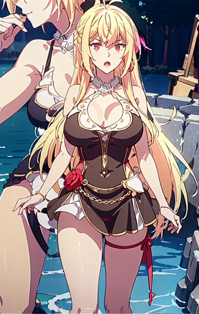 Masterpiece, best quality, highly detailed, highres, 8K, natural lighting, 1 girl, blonde hair, ahoge, ruby eyes, huge breast, black tank top, mini short pants, she wet, sexy pose, outdoor , detailed eyes, perfect eyes colors, full body shoot, detailed eyes, detailed finger shape, the number of fingers is not excessive