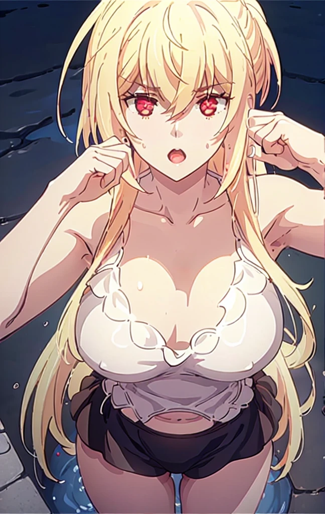 Masterpiece, best quality, highly detailed, highres, 8K, natural lighting, 1 girl, blonde hair, ahoge, ruby eyes, huge breast, black tank top, mini short pants, she wet, sexy pose, outdoor , detailed eyes, perfect eyes colors, full body shoot, detailed eyes, detailed finger shape, the number of fingers is not excessive