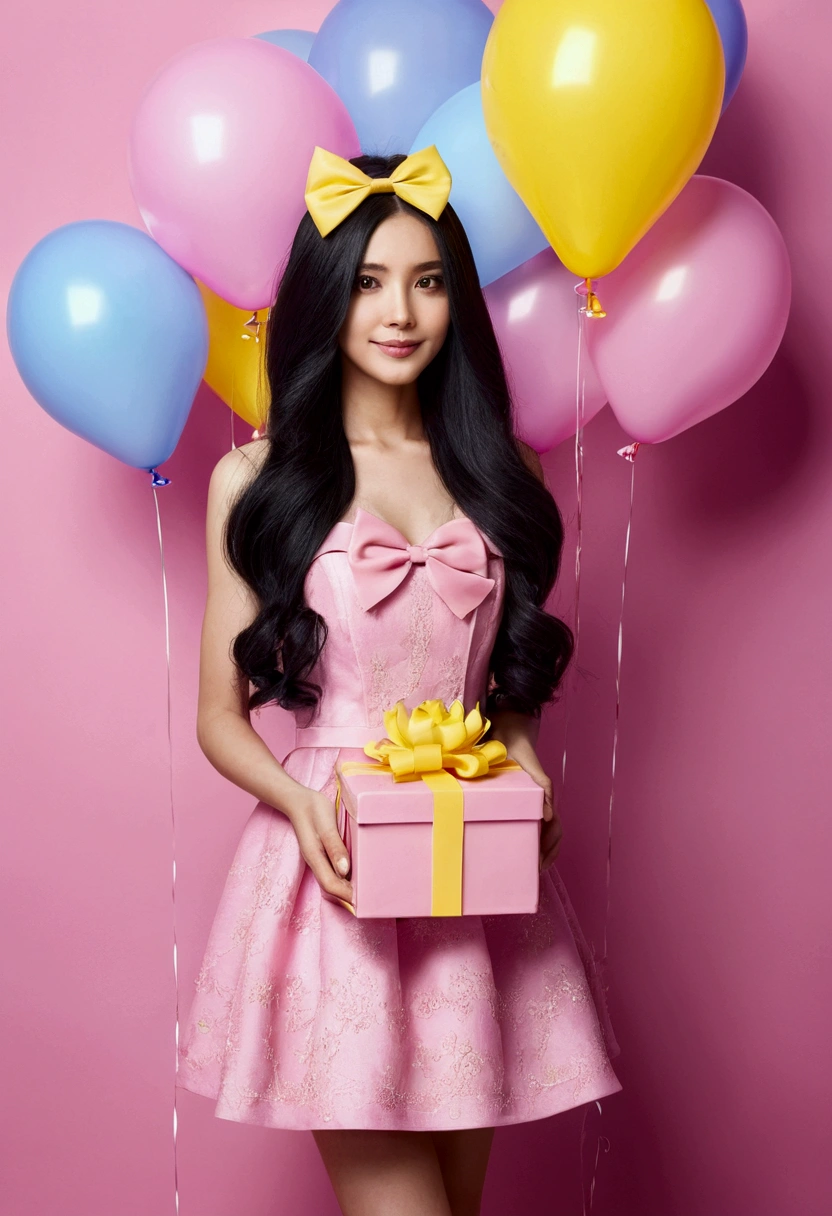 with long black hair,skin fair,holding a pink box with yellow bow, pink dress, background with balloons and birthday cake