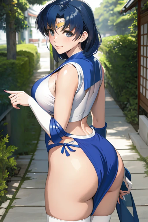 masterpiece, best quality, beautiful art, high resolution, well formed hands, body and fingers, 1 woman, solo, Sailor Mercury, sailor collar, blue makeup, elbow gloves, sailor senshi uniform, hair ornament,  adult, grown up, big breasted, cleavage,  full body, braided long hair, blue_japanese_clothes, wearing DOA Kasumi's blue kunoichi dress, sexy and skimpy japanese clothes, kimono peek, sleeveless, white stockings, gorgeous legs and thighs, dancing seductively and erotically, turning backwards and forwards, showing her back and front, showing her butt, t-back,, white thong, smiling joyfully, looking at the viewer, flirting, beach environment 