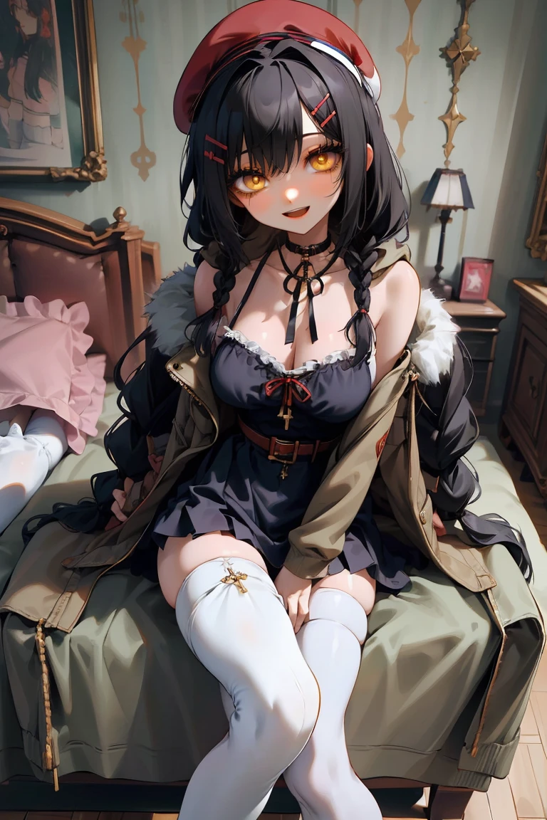 (masterpiece:1.2), (high quality:1.2), girls with((1girl, solo, black hair, yellow eyes, smiling, (wavy long hair, wearing a red beret, hairclips, braids:1.45), bare shoulder, blush, breasts, choker, cleavage, coat, cowboy shot, long dress, blue lace dress, camisole, ribbon waist belt, black ribbon belt, red bow, red ribbon, neck ribbon, collar, collarbone, rosary, rosary choker, cross, fur, fur trim, parka, khaki hoodie, green hoodie, khaki jacket, hood down, hooded coat, hooded jacket, hoodie, jacket, large breasts, long sleeves, medium breasts, open clothes, open coat,open hoodie, sleeveless, winter clothes, zipper, cleavage, upper body, hand up, waving, palm, (white thighhighs, single thighhigh, exposed legs, exposed foots, left thighhigh:1.87), solo, legs, high heels, sittings)), background with((bedroom, room:2.0))