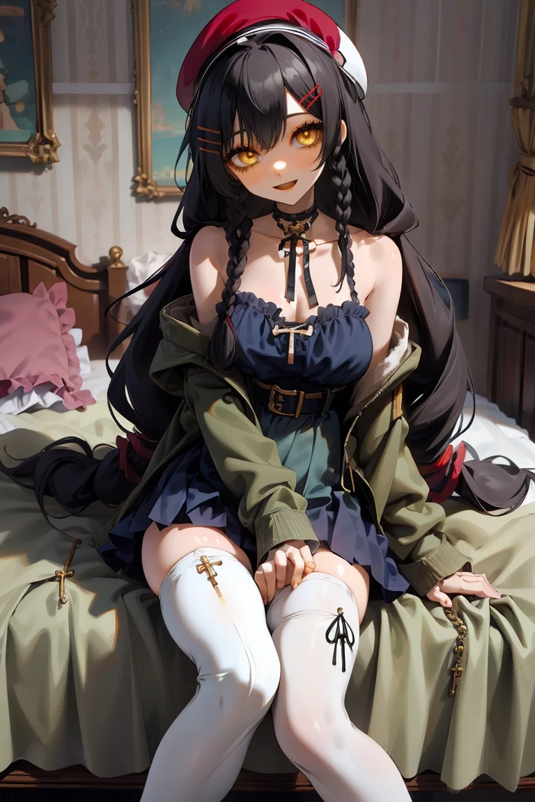 (masterpiece:1.2), (high quality:1.2), girls with((1girl, solo, black hair, yellow eyes, smiling, (wavy long hair, wearing a red beret, hairclips, braids:1.45), bare shoulder, blush, breasts, choker, cleavage, coat, cowboy shot, long dress, blue lace dress, camisole, ribbon waist belt, black ribbon belt, red bow, red ribbon, neck ribbon, collar, collarbone, rosary, rosary choker, cross, fur, fur trim, parka, khaki hoodie, green hoodie, khaki jacket, hood down, hooded coat, hooded jacket, hoodie, jacket, large breasts, long sleeves, medium breasts, open clothes, open coat,open hoodie, sleeveless, winter clothes, zipper, cleavage, upper body, hand up, waving, palm, (white thighhighs, single thighhigh, exposed legs, exposed foots, left thighhigh:1.87), solo, legs, high heels, sittings)), background with((bedroom, room:2.0))