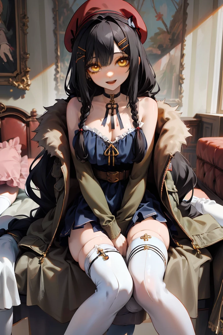 (masterpiece:1.2), (high quality:1.2), girls with((1girl, solo, black hair, yellow eyes, smiling, (wavy long hair, wearing a red beret, hairclips, braids:1.45), bare shoulder, blush, , choker, cleavag cowboy shot, long dress, blue lace dress, camisole, ribbon waist belt, black ribbon belt, red bow, red ribbon, neck ribbon, collar, collarbone, rosary, rosary choker, cross, fur, fur trim, parka, khaki hoodie, green hoodie, khaki jacket, hood down, hooded coat, hooded jacket, hoodie, jacket, large breasts, long s medium breasts, open clothes,oat,open hoodie, sleeveless, winter clothes, zipper, cleavage, upper body, hand up, palm, (white thighhighs, single thighhigh, exposed legs, exposed foots, left thighhigh:1.87), solo, legs, high heels, sittings)), background with((bedroom, room:2.0))