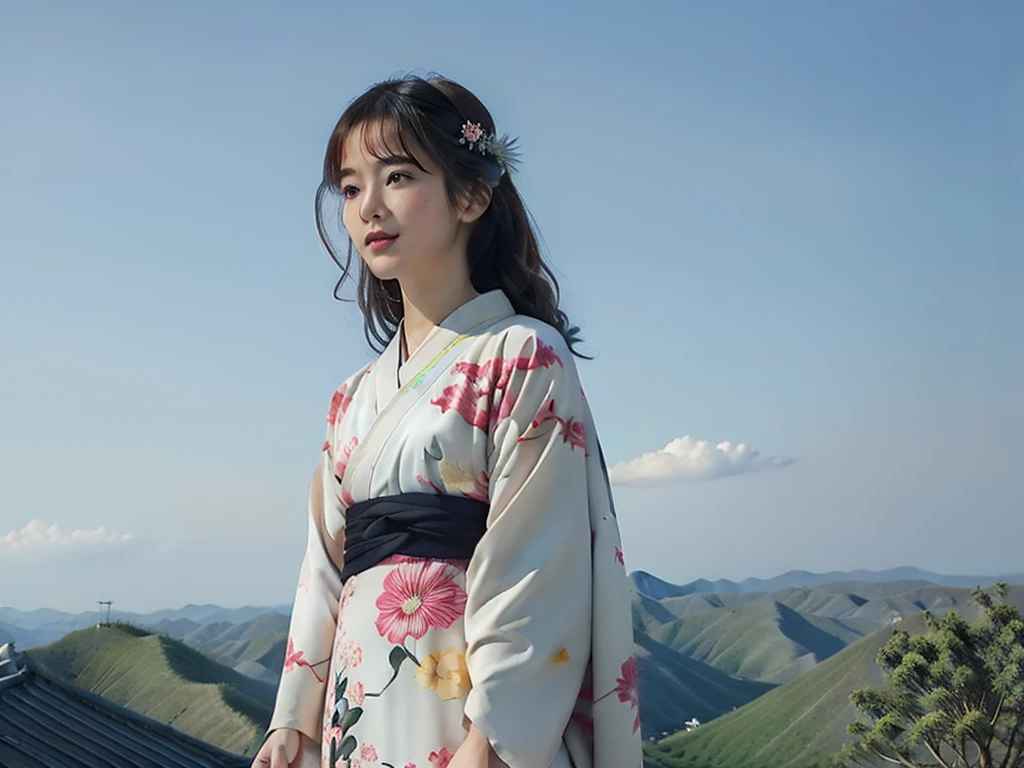 Fantastic sky　100m above,Woman flying in the sky　Kimono Pose　The correct way to wear Japanese clothing,Long Hair