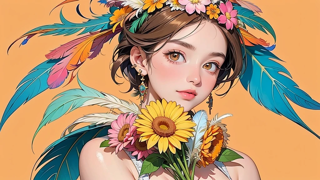 (ultra-Detailed Background, Detailed Background), Absurd, High resolution, Super detailed, Very detailedな, One girl, (bouquet:1.3), (Tangled:1.2), (Geometric:1.2),(colorful),(masterpiece, quality, best quality, Official Art, Beautiful and beautiful:1.2), (1 girl:1.3), Very detailed,(colorful:1.1)(Flowers:1.3),Most detailed,(Tangled:1.2), whole body, (Abstract background:1.3), (Skin glows), (Many colors:1.4), ,(Earrings Feather:1.5), Pale orange and pale yellow background, Brown short hair,