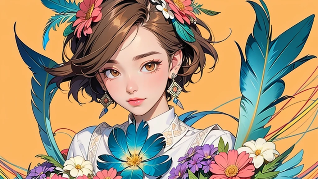 (ultra-Detailed Background, Detailed Background), Absurd, High resolution, Super detailed, Very detailedな, One girl, (bouquet:1.3), (Tangled:1.2), (Geometric:1.2),(colorful),(masterpiece, quality, best quality, Official Art, Beautiful and beautiful:1.2), (1 girl:1.3), Very detailed,(colorful:1.1)(Flowers:1.3),Most detailed,(Tangled:1.2), whole body, (Abstract background:1.3), (Skin glows), (Many colors:1.4), ,(Earrings Feather:1.5), Pale orange and pale yellow background, Brown short hair,