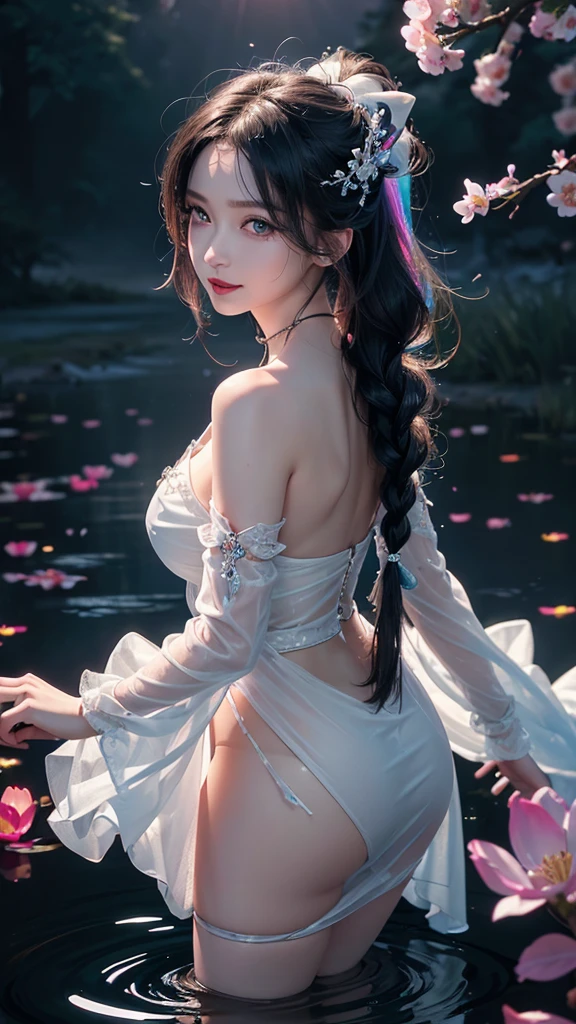 light particles, halo, (bioluminescent:0.95), bioluminescent, piercing glare,  vibrant, (((colourful))), color, (glowing, glow),ancient customs, wind blow, blossom, pond, night, moon relection in the pond, reflection light, depth of field, from behind, multiple views, delicated best quality ,masterpiece, illustration, an extremely delicate and beautiful, extremely detailed ,CG ,unity ,8k wallpaper, Amazing, finely detail, masterpiece,best quality,official art,extremely detailed CG unity 8k wallpaper,absurdres, incredibly absurdres, huge filesize , ultra-detailed, highres, extremely detailed,beautiful detailed girl, extremely detailed eyes and face, beautiful detailed eyes,light on face,1girl, (Super realistic),  (black hair), (hair over one eye), (single braid hair), (rainbow eyes), ((hair ornament)), ((jewelry)), (hair jewelry), (((describe the arm in detail))), (((Super ))), ((sagging breasts)), ((Plump body)), (thighs), ((Plump )),, (detailed description of hair), ((upper big body)), (Bare shoulder), ((collarbone)), (off shoulder), (Shiny skin), (detailed description of face), (Extremely detailed description of the eyes), (detailed description of body), (white and translucent skin), peerless beauty, (extreme beauty), (red lips), (shy ), (seductive smile), ((gothic lolitia dress)), (every pose),(smiling)