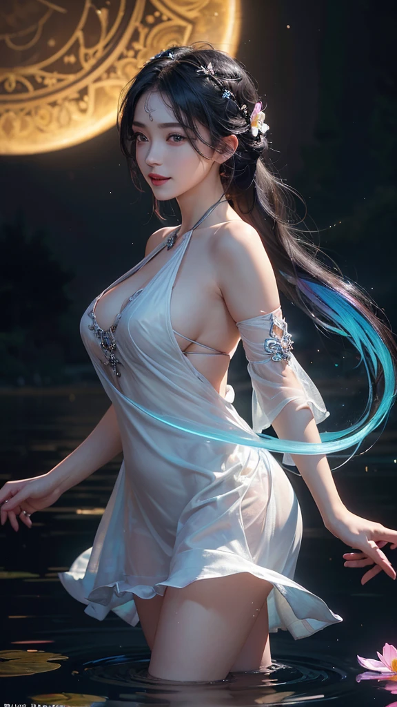light particles, halo, (bioluminescent:0.95), bioluminescent, piercing glare,  vibrant, (((colourful))), color, (glowing, glow),ancient customs, wind blow, blossom, pond, night, moon relection in the pond, reflection light, depth of field, from behind, multiple views, delicated best quality ,masterpiece, illustration, an extremely delicate and beautiful, extremely detailed ,CG ,unity ,8k wallpaper, Amazing, finely detail, masterpiece,best quality,official art,extremely detailed CG unity 8k wallpaper,absurdres, incredibly absurdres, huge filesize , ultra-detailed, highres, extremely detailed,beautiful detailed girl, extremely detailed eyes and face, beautiful detailed eyes,light on face,1girl, (Super realistic),  (black hair), (hair over one eye), (single braid hair), (rainbow eyes), ((hair ornament)), ((jewelry)), (hair jewelry), (((describe the arm in detail))), (((Super ))), ((sagging breasts)), ((Plump body)), (thighs), ((Plump )),, (detailed description of hair), ((upper big body)), (Bare shoulder), ((collarbone)), (off shoulder), (Shiny skin), (detailed description of face), (Extremely detailed description of the eyes), (detailed description of body), (white and translucent skin), peerless beauty, (extreme beauty), (red lips), (shy ), (seductive smile), ((gothic lolitia dress)), (every pose),(smiling)