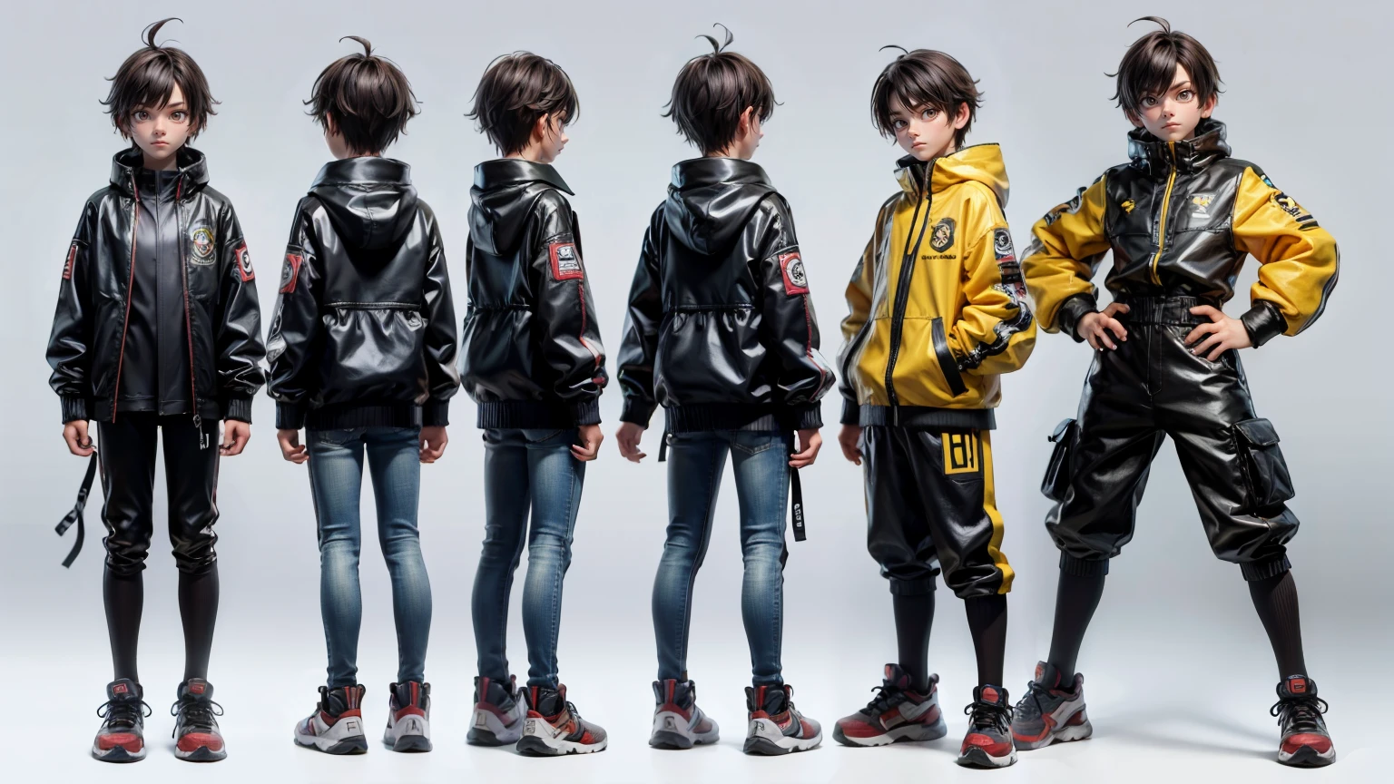 cute face boy, cute face, short height boy, wearing casual futuristic yellow  pent, full standing pose, red straight  style hairs, sports shoes, Character Sheet, , Full body, Simple white background, front pose character reference sheet, Concept art, design sheet