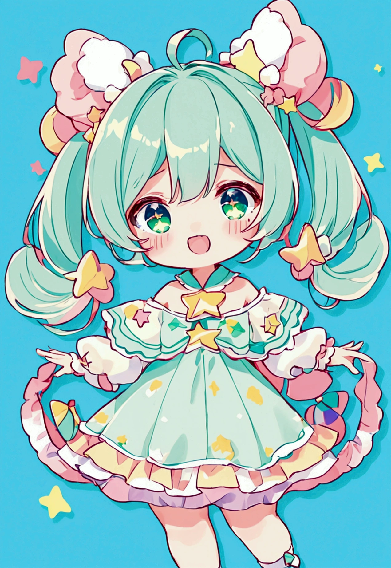 (high quality:1.6, 最high quality:1.6, detailed, 4K), (Cute style chibi girl,Twin tails,star,soft, colorful, delicate, Expressive, texture, sharp, green)