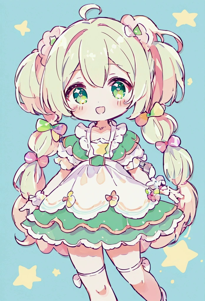 (high quality:1.6, 最high quality:1.6, detailed, 4K), (Cute style chibi girl,Twin tails,star,soft, colorful, delicate, Expressive, texture, sharp, green)