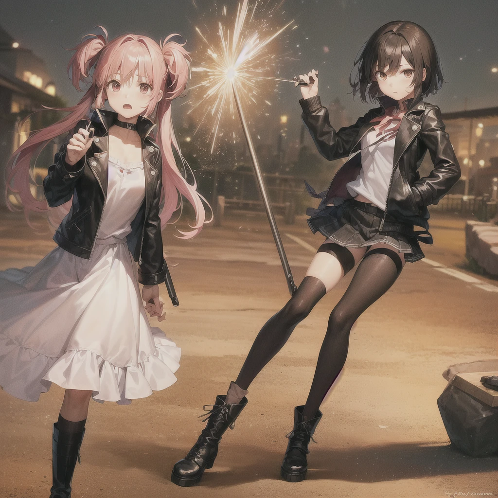 best quality,masterpiece,, Madoka Kaname from Puella Magi Madoka Magica wears a black leather jacket and combat boots, holds a magic wand, and has a cold expression on her face.