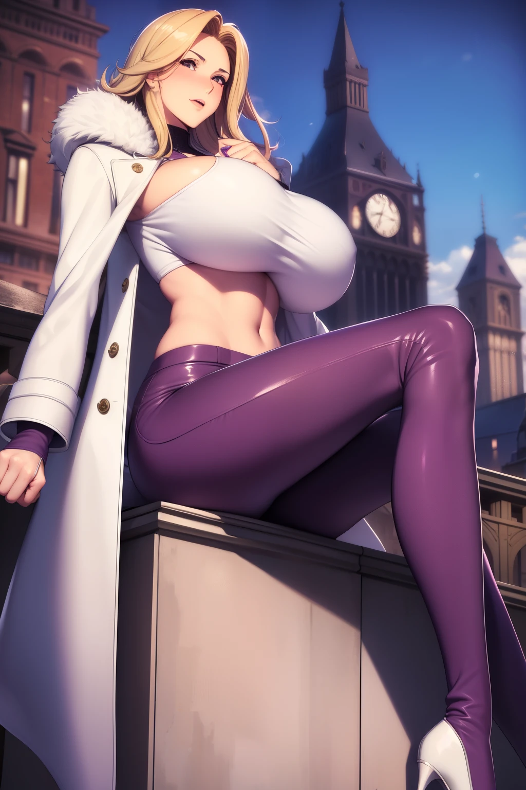 masterpiece, best quality, 1girl,  pretty girl，looking at viewer，embarrassed，huge tit, mature_lady,,crop_top, cross-laced_footwear, knee_boots, white_coat, fur-trimmed_coat, long_coat, purple_shorts,white_footwear,on the rooftop of a tall building,floating_hair,