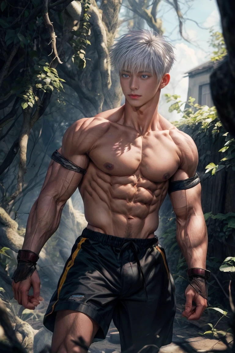 1boy, adult, handsome, perfect face, detailed eyes and face, clean shaved, muscular, capturing a rural atmosphere, dynamic lighting, unreal engine 5, hd picture, satoru gojo, white hair, short hair ,hair between eyes ,blue eyes, white skin