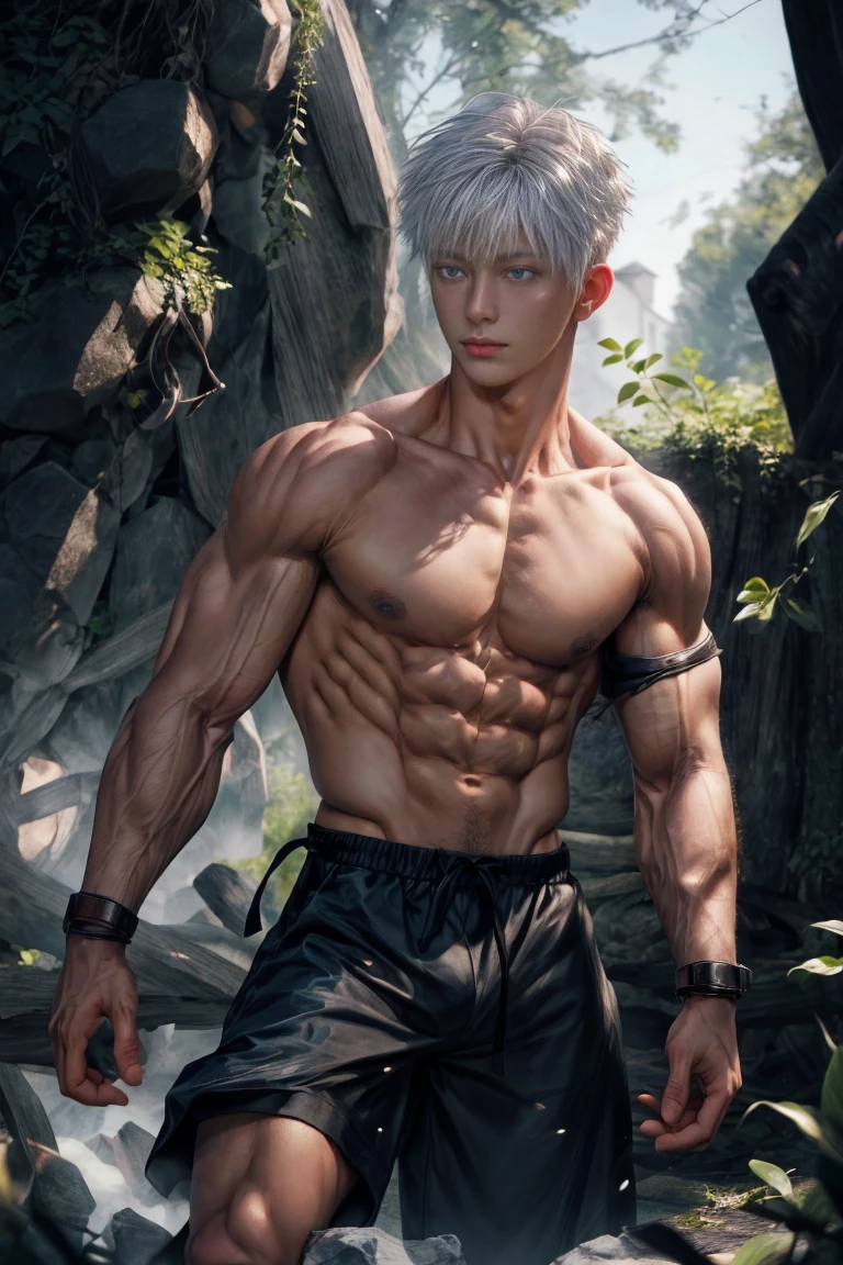 1boy, adult, handsome, perfect face, detailed eyes and face, clean shaved, muscular, capturing a rural atmosphere, dynamic lighting, unreal engine 5, hd picture, satoru gojo, white hair, short hair ,hair between eyes ,blue eyes, white skin