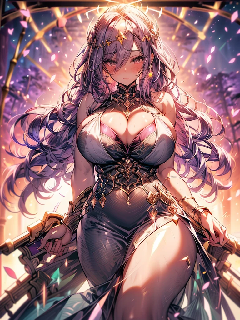 mature woman, 1girl, (masterpiece, best quality, extremely detailed), sharp focus, detailed face, face focus, extremely detailed eyes, long hair, crown braid, hair over the shoulders, (purple hair: 1.3), purple eyes, (sparkling eyes: 1.2), long eyelashes, (strong blush, drunk: 1.2), delicate makeup, big breasts, ((pink and white complicated dress, bare shoulders, décolleté)), ((dusk, holding diamond shard, discovery, bamboo shoots background, grass, green particles around, calm lake, cherry blossom background, breeze)), cinematic lighting, edge lightning, ray tracing, shading, dynamic angle, full-length image, walks,