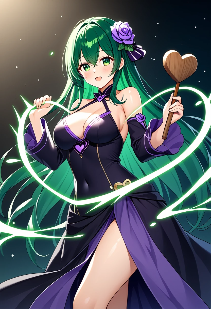 Face: Rena has a heart-shaped face that is gentle and cute. Her eyes were emerald green.
Rena's hair is dark black and extends down to the middle of her back. She often lets her long hair down freely.
Physique: Rena has a slender and elegant figure. She is approximately 165 centimeters tall and has a calm and steady demeanor. She gained strength from practicing magic and fighting.
Dress: Rena often wears outfits that reflect her mage-like nature. Her outfits are usually made from light, easy-to-move fabrics, in dark colors such as purple, black, or dark blue. Her outfits are designed to be simple yet elegant and movement-friendly.
Equipment: Rena often carries a wooden magic wand that bears the symbol of the magical power she wields. This symbol looks like a flower that lights up at night.