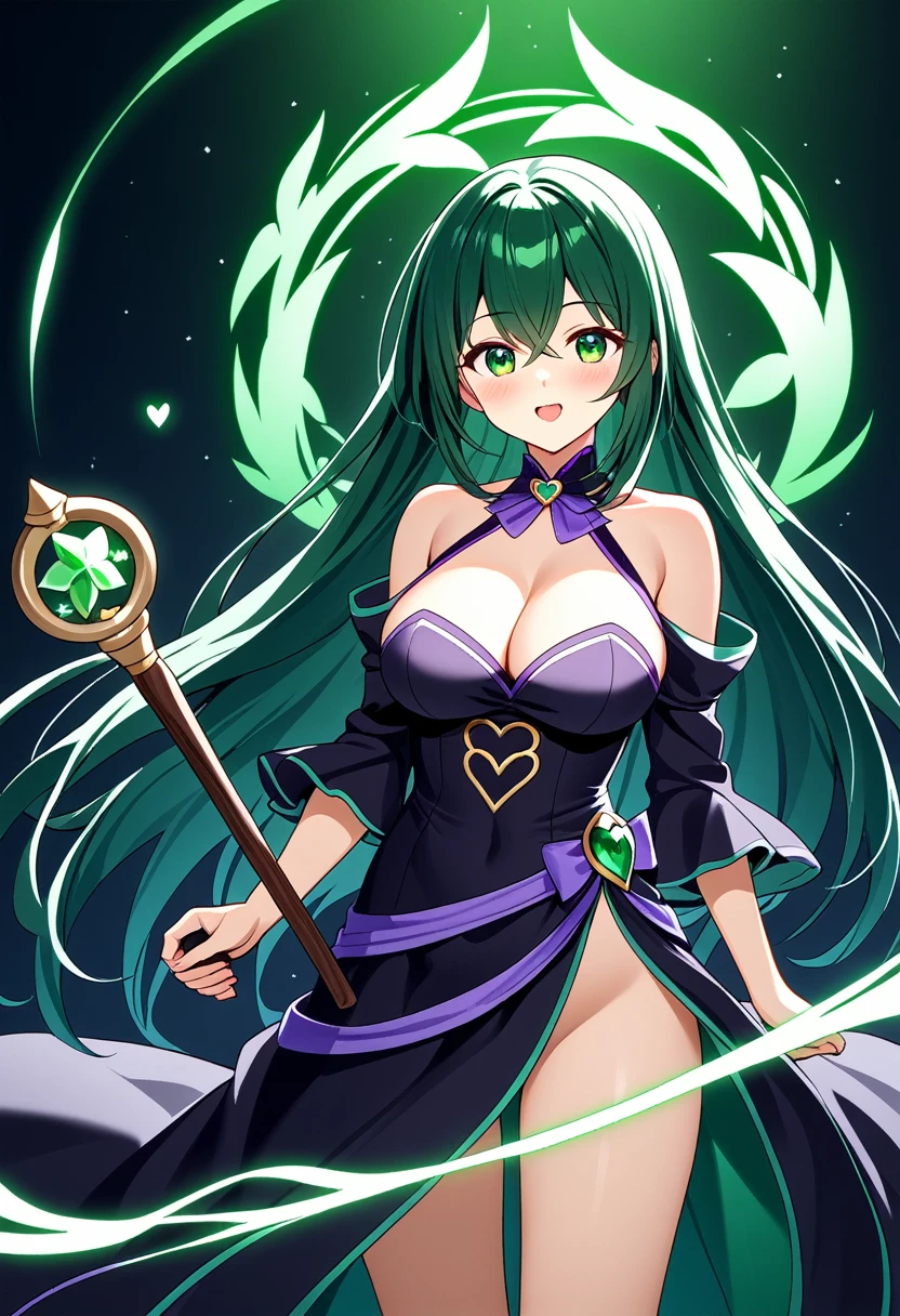 Face: Rena has a heart-shaped face that is gentle and cute. Her eyes were emerald green.
Rena's hair is dark black and extends down to the middle of her back. She often lets her long hair down freely.
Physique: Rena has a slender and elegant figure. She is approximately 165 centimeters tall and has a calm and steady demeanor. She gained strength from practicing magic and fighting.
Dress: Rena often wears outfits that reflect her mage-like nature. Her outfits are usually made from light, easy-to-move fabrics, in dark colors such as purple, black, or dark blue. Her outfits are designed to be simple yet elegant and movement-friendly.
Equipment: Rena often carries a wooden magic wand that bears the symbol of the magical power she wields. This symbol looks like a flower that lights up at night.
