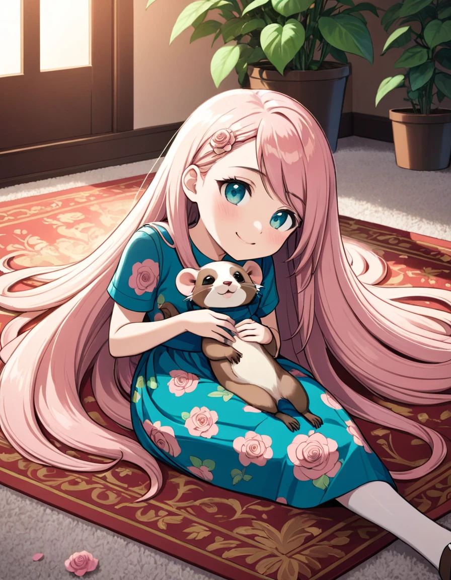 (8K, best quality, master piece: 1.2),super high resolution,1 girl,solo,16yo,Lying on the carpet,head rest,ultra-detailed face,detailed eyes,Rose gold hair,long hair,straight hair,Short sleeve Anemone pattern Colorful layered dress,happy,Rose gold hair,seductive smile,(cute ferret),rim light,1 flowerpot of Dracaena,Sophisticated room