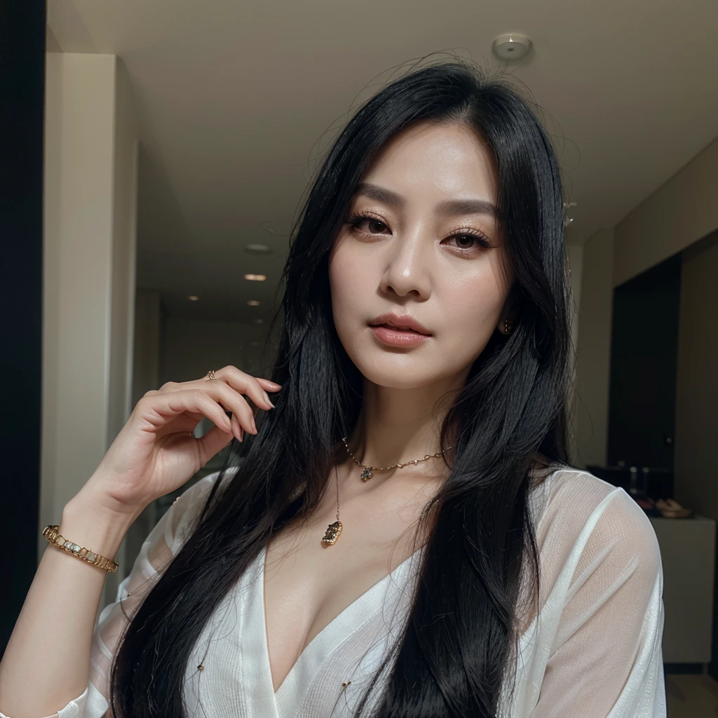 a beautiful 52 year old elegant korean woman with long dark blue black straight hair, dark eyes, full lips, small nose and eyes, wearing expensive jewelry and designer clothes, elegant mature look