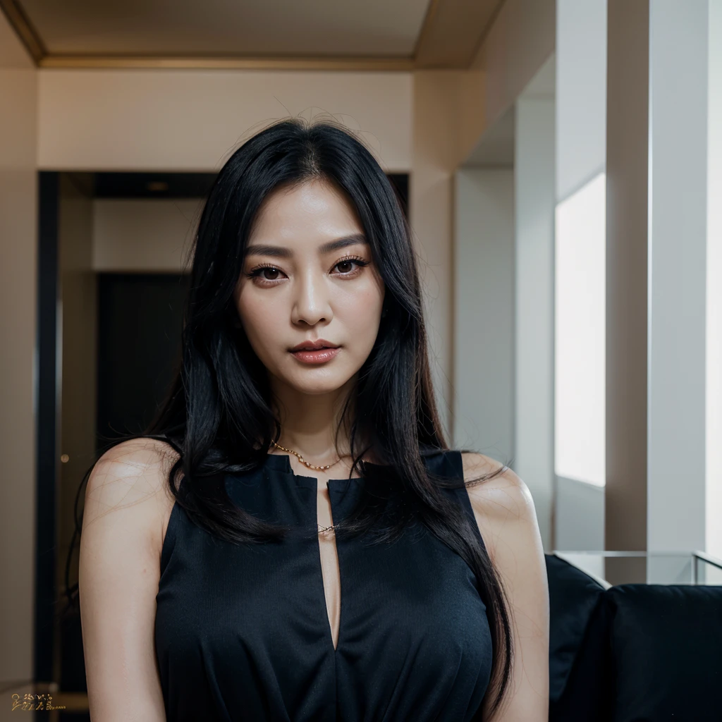 a beautiful 52 year old elegant korean woman with long dark blue black straight hair, dark eyes, full lips, small nose and eyes, wearing expensive jewelry and designer clothes, elegant mature look