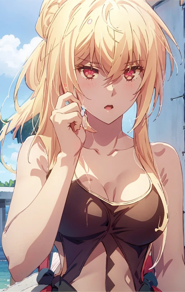 Masterpiece, best quality, highly detailed, highres, 8K, natural lighting, 1 girl, blonde hair, ahoge, ruby eyes, huge breast, tanktop, mini short, she wet, sexy pose, outdoor , detailed eyes, perfect eyes colors, fully body shoot, detailed eyes, detailed finger shape, the number of fingers is not excessive