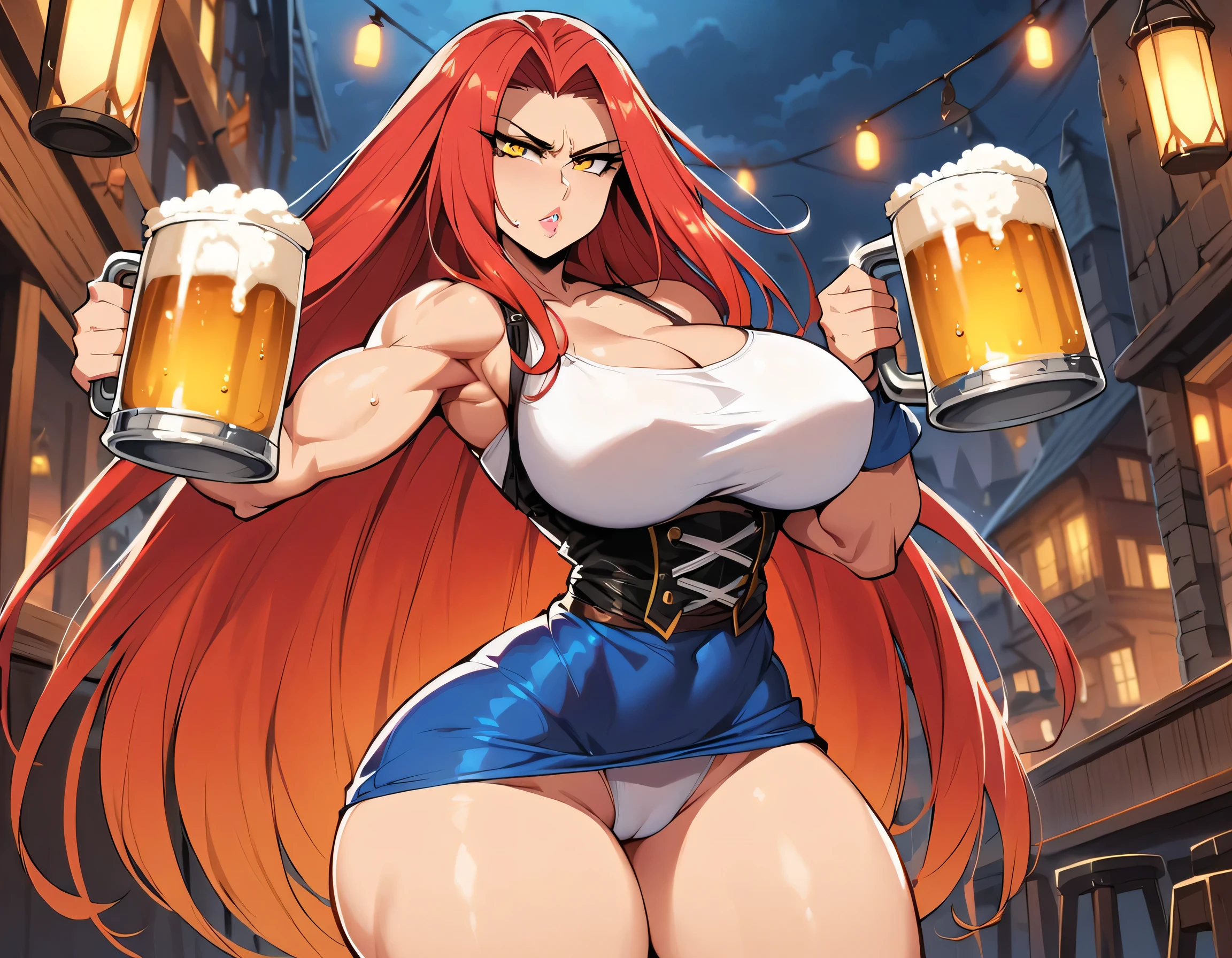 Long red hair, yellow eyes, evil, sexy, black and red clothes, cute hairstyle, evil face, evil, serious look, gloss lips, sinister, front look, beer maid outfit, Oktoberfest, bar maid, (((19 years old, large breasts, triple D cup breasts, round buttocks, bubbly buttocks, wide hips, bubbly ass, fit and strong)), beautiful eyes, short dress, old German bar, night, sensual, straight hair cut, clear skin, evil, adult girl, solo, red, very long hair, German beer, beer stein