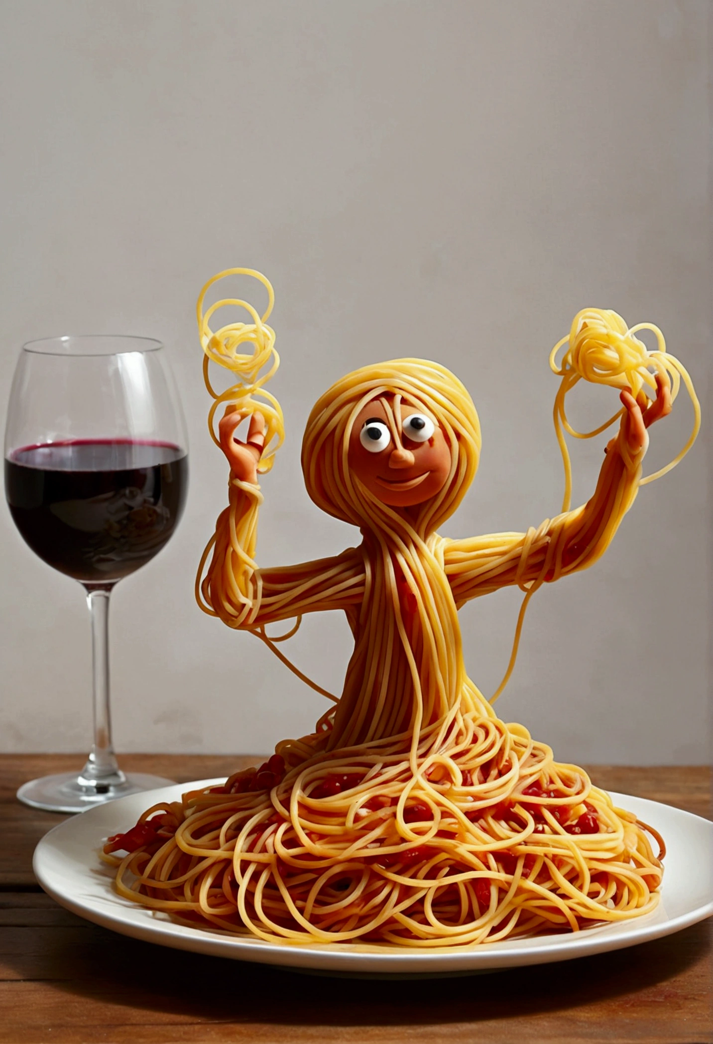 Create a whimsical and artistic scene featuring a single human-like figure made entirely of spaghetti. This figure should appear to be dancing gracefully on a plate. The background should depict a cozy kitchen setting with warm, ambient lighting, creating a romantic and intimate atmosphere. Include elements such as a glass of red wine and a beautifully set table to enhance the mood.