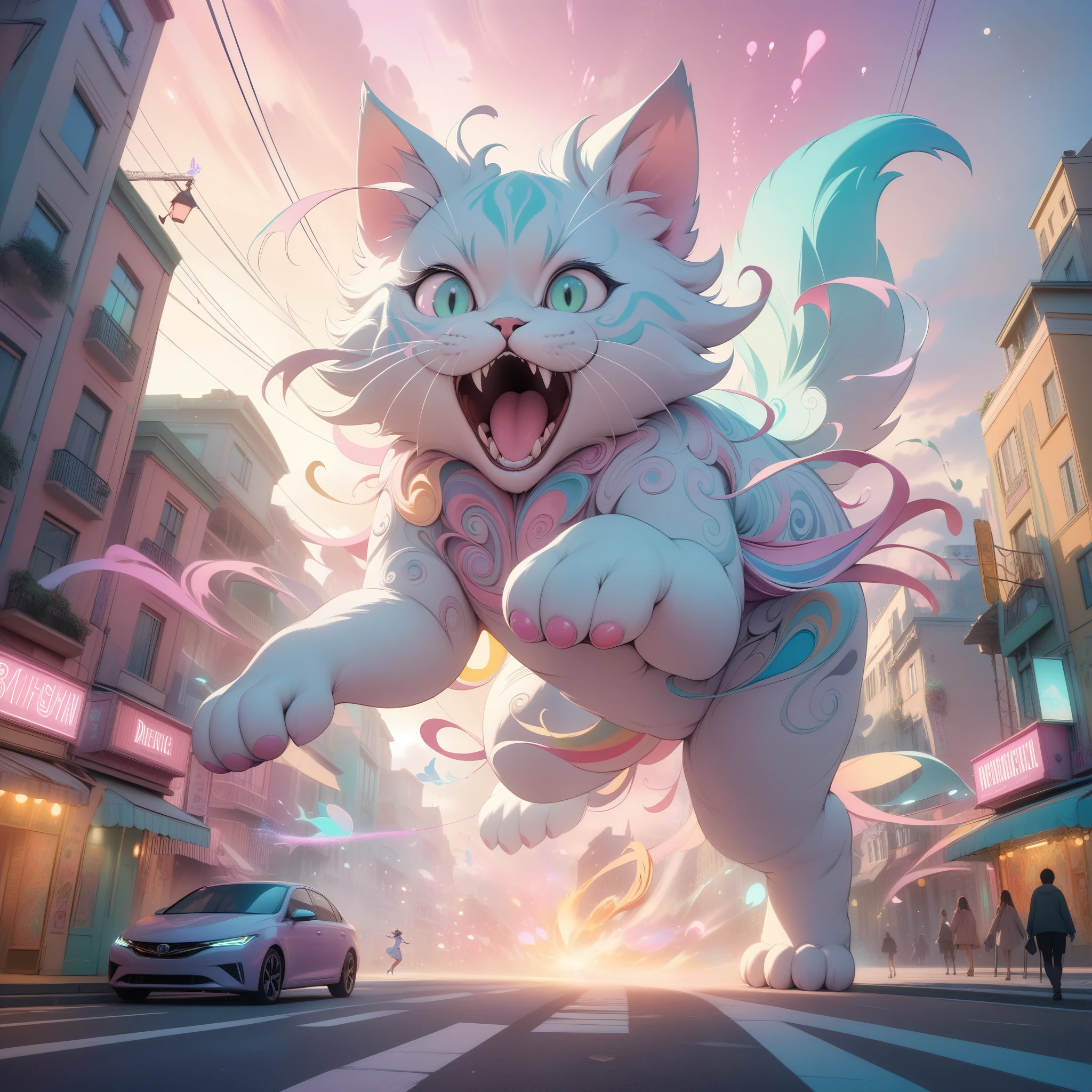  A huge giant kitten taking over the city, pastel colors, masterpiece, best quality, panicked atmosphere, intricate details, whimsical composition, soft lighting, dreamlike, vibrant colors, dynamic movement, playful, magical realism 