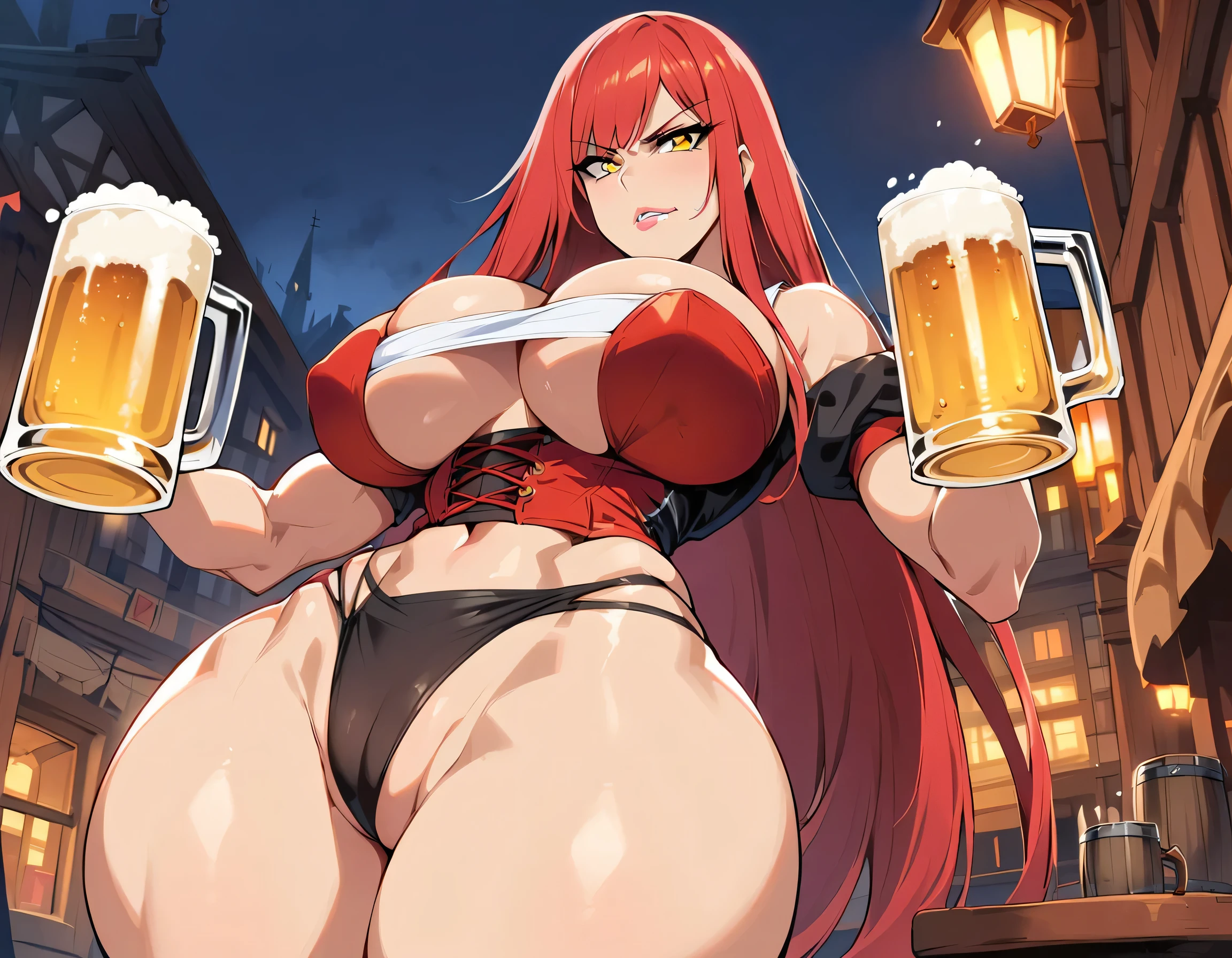 Long red hair, yellow eyes, evil, sexy, black and red clothes, cute hairstyle, evil face, evil, serious look, gloss lips, sinister, front look, beer maid outfit, Oktoberfest, bar maid, (((19 years old, large breasts, triple D cup breasts, round buttocks, bubbly buttocks, wide hips, bubbly ass, fit and strong)), beautiful eyes, short dress, old German bar, night, sensual, straight hair cut, clear skin, evil, adult girl, solo, red, very long hair, German beer, beer stein