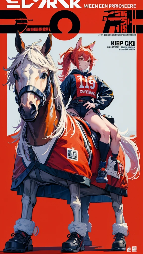 Horse-themed characters, Run, Wearing big sneakers, サイバーパンク, Scarlet image color, Keep the background simple, Magazine cover design, Horse tail, Like a horse girl, horse ears, With a horse tail on his ass, projected inset, UHD, highres, best quality, 8k
