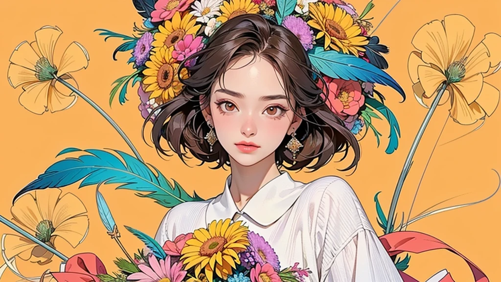 (ultra-Detailed Background, Detailed Background), Absurd, High resolution, Super detailed, Very detailedな, One girl, (bouquet:1.3), (Tangled:1.2), (Geometric:1.2),(colorful),(masterpiece, quality, best quality, Official Art, Beautiful and beautiful:1.2), (1 girl:1.3), Very detailed,(colorful:1.1)(Flowers:1.3),Most detailed,(Tangled:1.2), whole body, (Abstract background:1.3), (Skin glows), (Many colors:1.4), ,(Earrings Feather:1.5), Pale orange and pale yellow background, Brown short hair,
