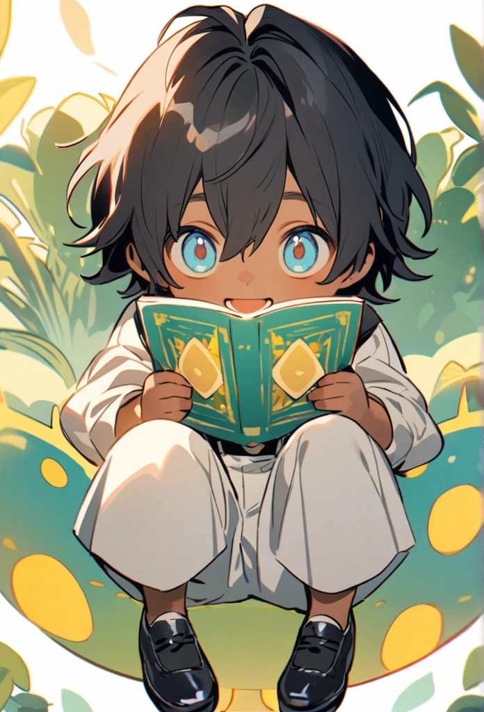 a little boy of 4 years old, he has dark skin and long straight black hair with some strands covering his face a little, he has blue eyes and a friendly smile, he wears a white blouse with light green shorts with suspenders he wears little black shoes and he has three golden spots under each eye, he is cute and strange, he looks angelic and dark at the same time