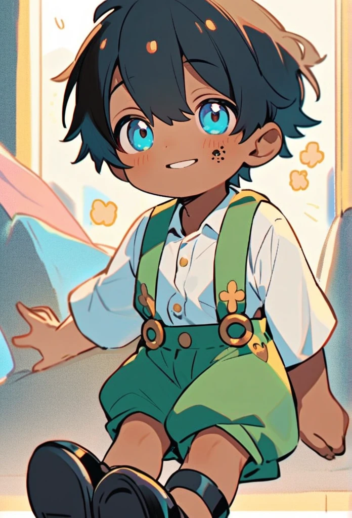 a little boy of 4 years old, he has dark skin and long straight black hair with some strands covering his face a little, he has blue eyes and a friendly smile, he wears a white blouse with light green shorts with suspenders he wears little black shoes and he has three golden spots under each eye, he is cute and strange, he looks angelic and dark at the same time