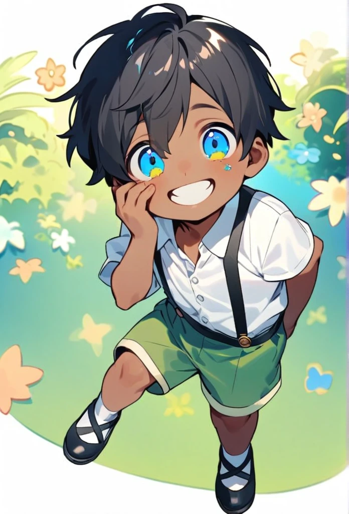 a little boy of 4 years old, he has dark skin and long straight black hair with some strands covering his face a little, he has blue eyes and a friendly smile, he wears a white blouse with light green shorts with suspenders he wears little black shoes and he has three golden spots under each eye, he is cute and strange, he looks angelic and dark at the same time
