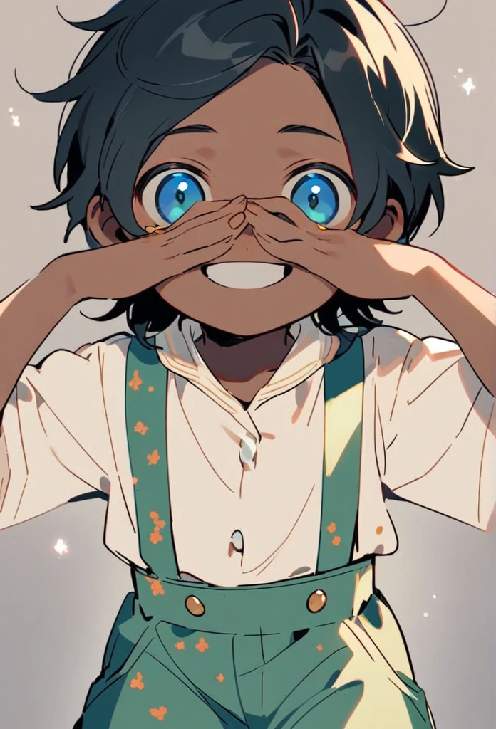 a little boy of 4 years old, he has dark skin and long straight black hair with some strands covering his face a little, he has blue eyes and a friendly smile, he wears a white blouse with light green shorts with suspenders he wears little black shoes and he has three golden spots under each eye, he is cute and strange, he looks angelic and dark at the same time