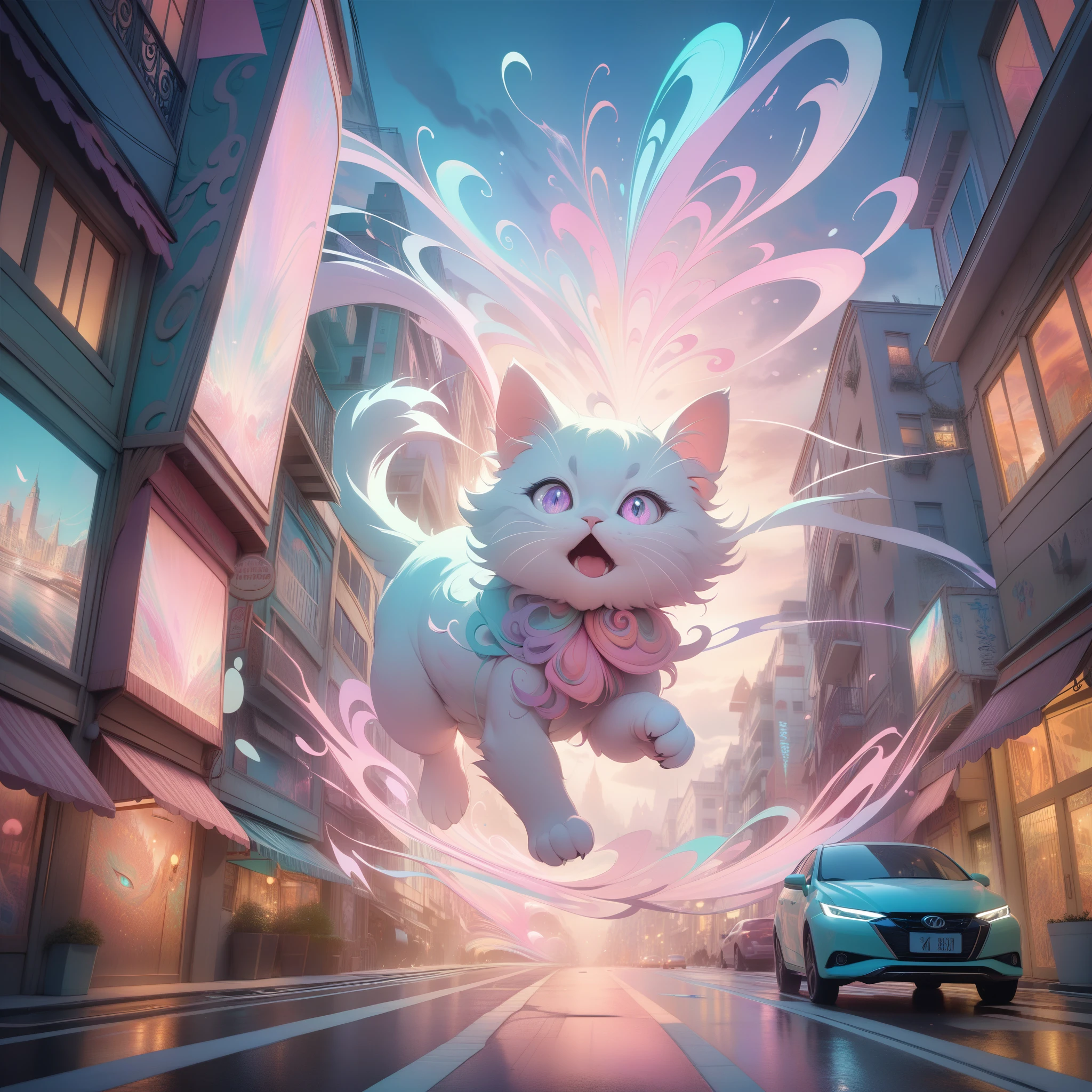  A huge giant kitten taking over the city, pastel colors, masterpiece, best quality, panicked atmosphere, intricate details, whimsical composition, soft lighting, dreamlike, vibrant colors, dynamic movement, playful, magical realism 