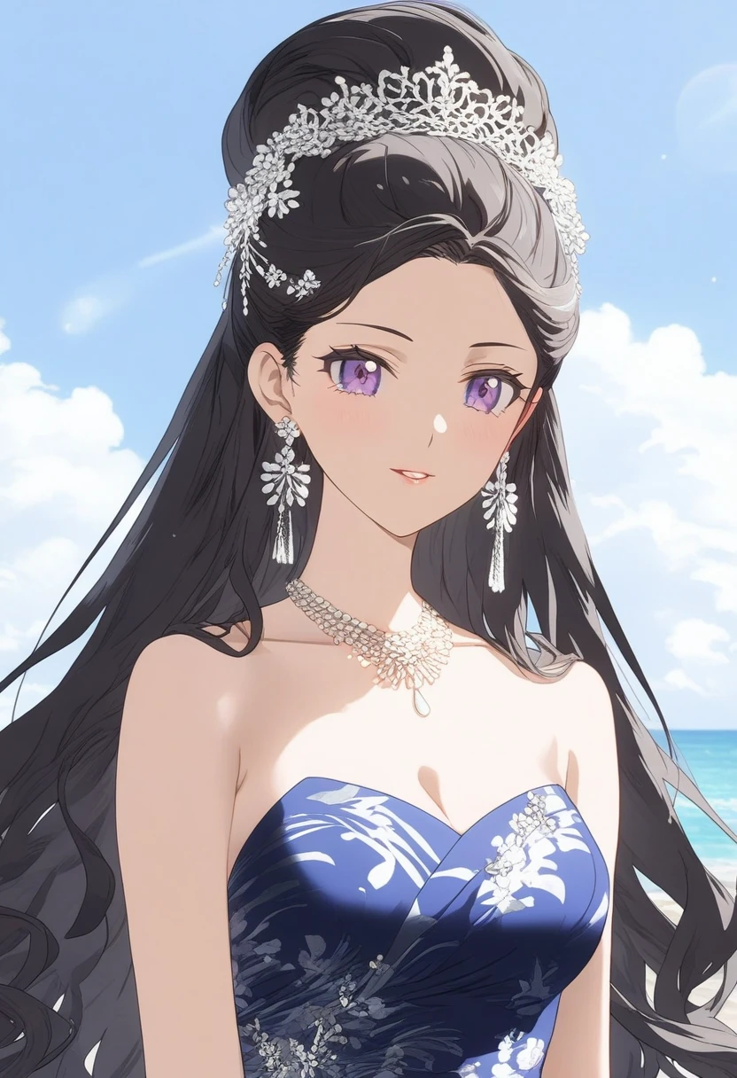 1girl, solo, asian, dark hair, Alexandra, Countess of Frederiksborg, anime screenshot, featured on pinterest, feminine, stylish, elegant, hd, (masterpiece), best quality, expressive eyes, perfect face, wearing a swimsuit at the beach
