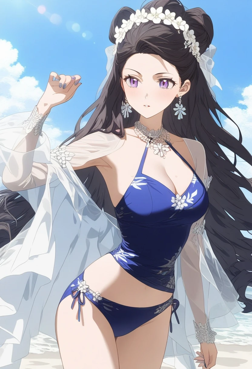 1girl, solo, asian, dark hair, Alexandra, Countess of Frederiksborg, anime screenshot, featured on pinterest, feminine, stylish, elegant, hd, (masterpiece), best quality, expressive eyes, perfect face, wearing a swimsuit at the beach
