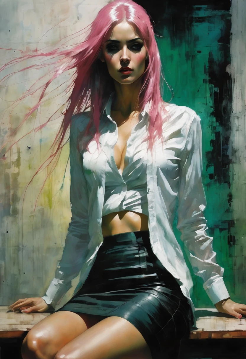 Beautiful girl with fair skin, long green and pink hair, wearing a white shirt, black skirt, black jartier, stiletto heel shoes, sits with her legs open on a table in a small room, Guy Denning style, dystopians style, futuristay realista, inspirado en Moebius. Calidad impecable, 32K resolution.